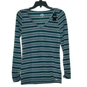Hollister Must Have Collection Green Striped Holiday V-Neck T-Shirt
